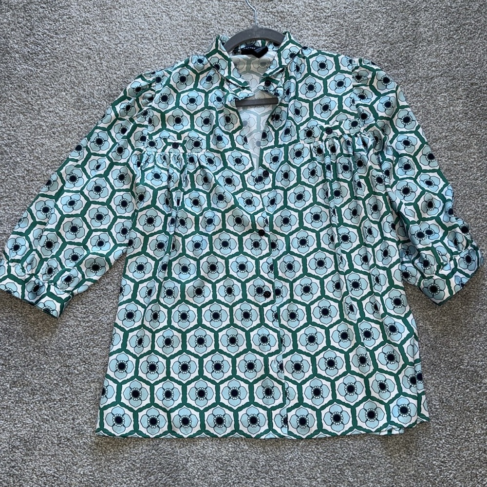 Smythe Teal and White Geometric Button Down Shirt, XS - Picture 7 of 10